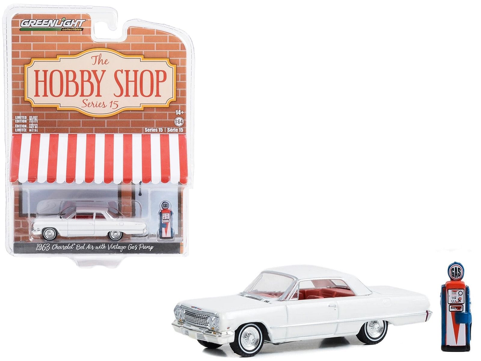 1963 Chevrolet Bel Air White with Orange Interior and Vintage Gas Pump “The Hobby Shop” Series 15 1/64 Diecast Model Car by Greenlight