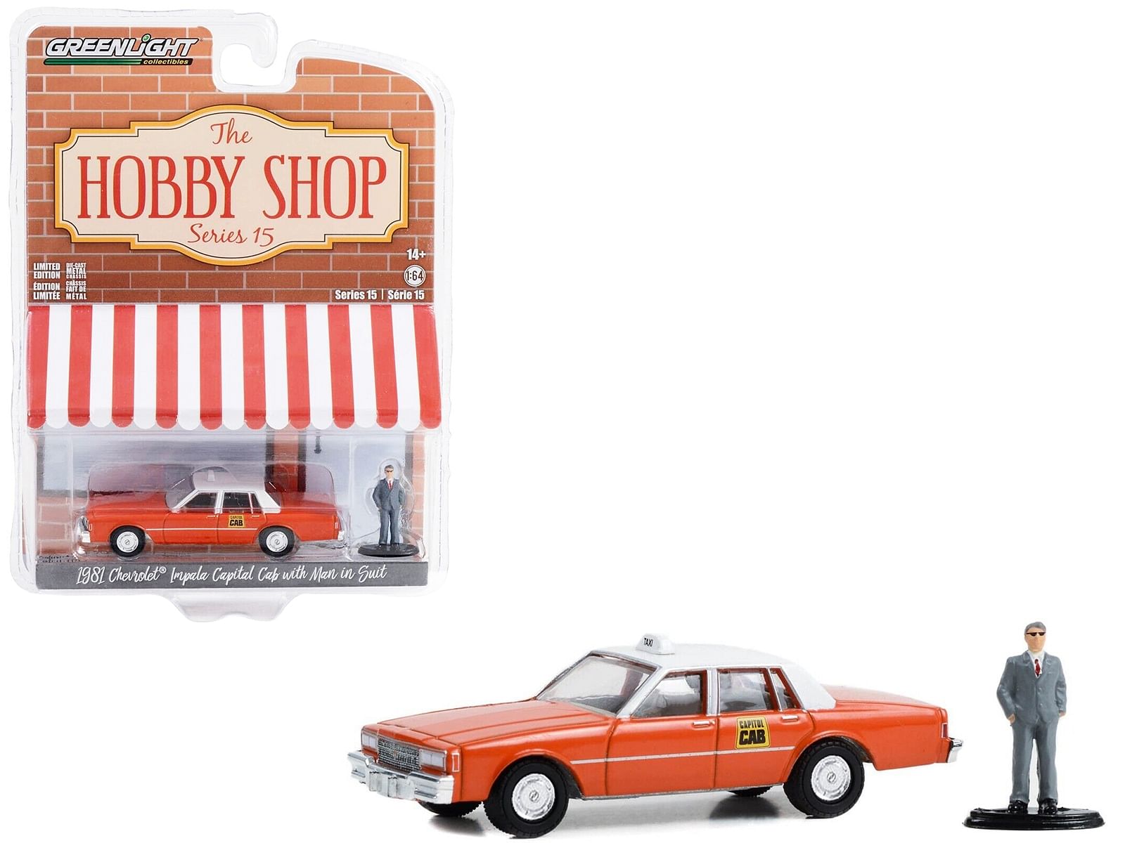 1981 Chevrolet Impala “Capitol Cab” Taxi Orange with White Top and Man in Suit Figure “The Hobby Shop” Series 15 1/64 Diecast Model Car by Greenlight