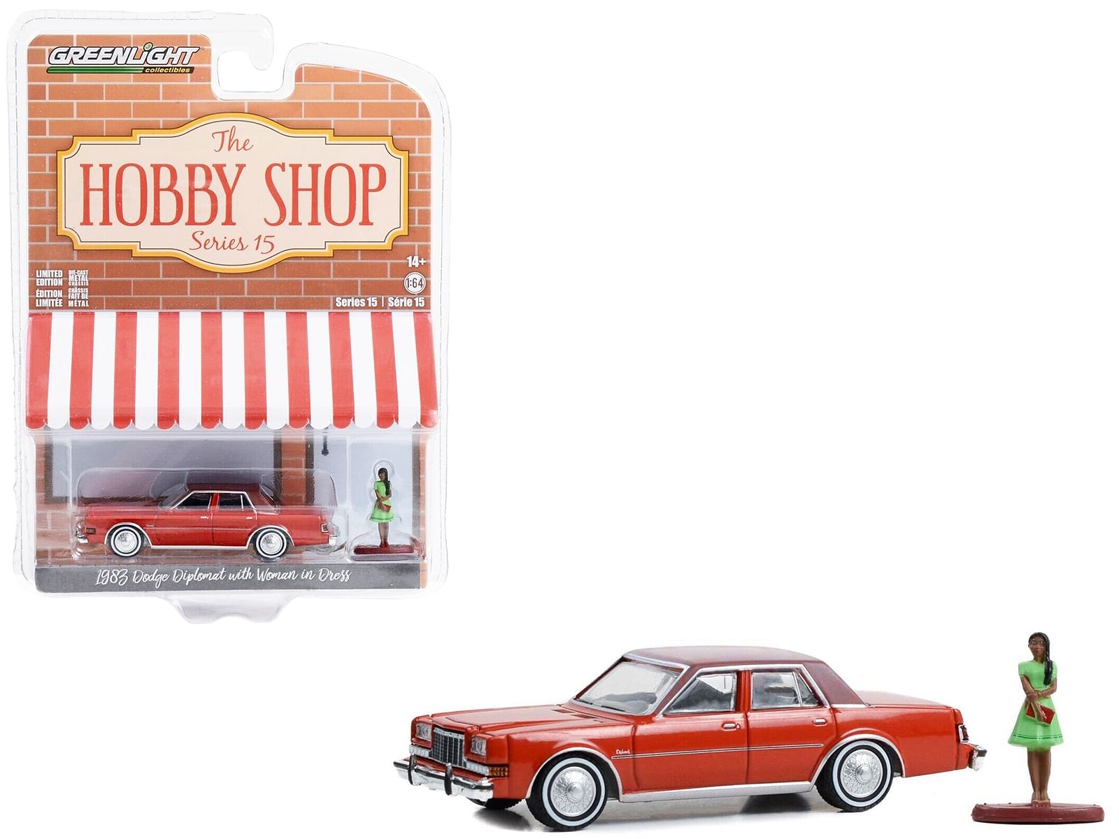 1983 Dodge Diplomat Red with Brown Top and Woman in Dress Figure “The Hobby Shop” Series 15 1/64 Diecast Model Car by Greenlight