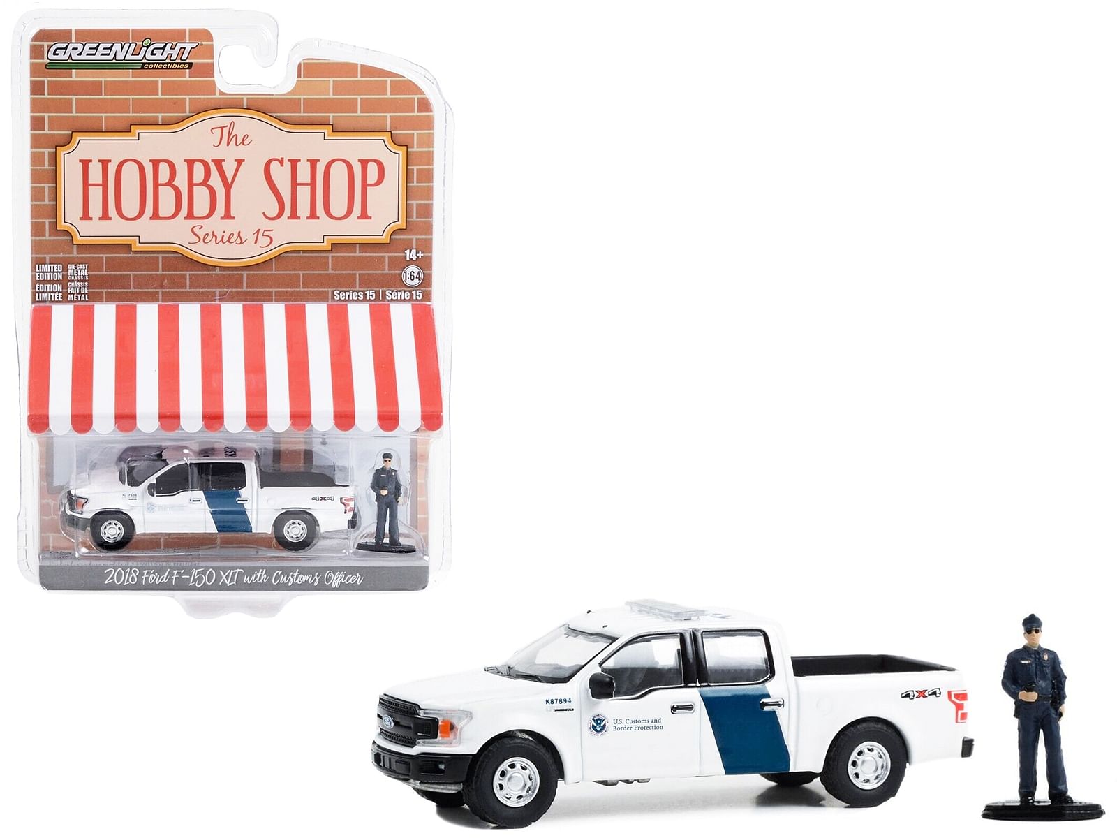 2018 Ford F-150 XLT Pickup Truck White With Blue Stripes “U.S. Customs and Border Protection” with Customs Officer Figure “The Hobby Shop” Series 15 1/64 Diecast Model Car by Greenlight