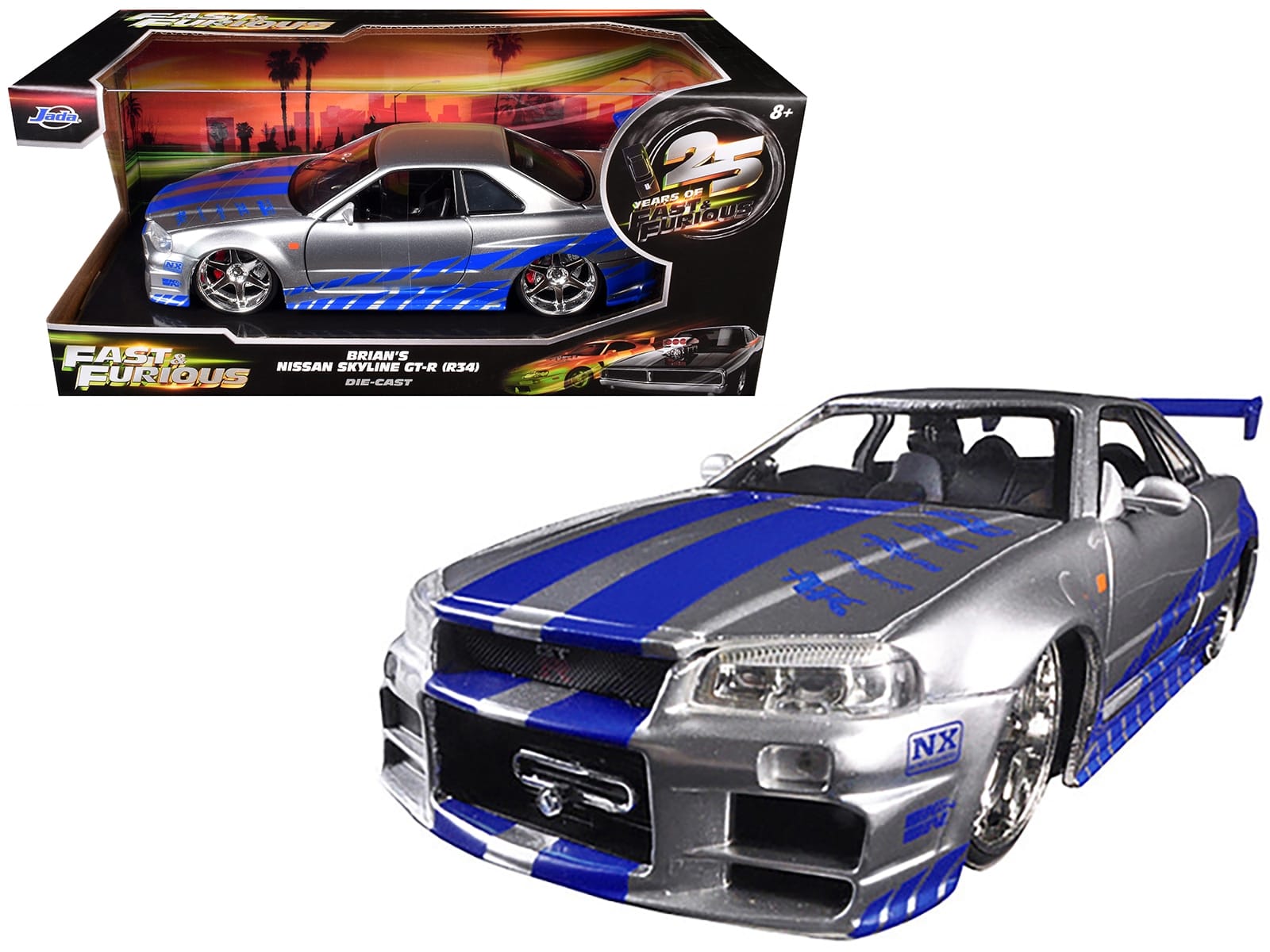 Brian's Nissan GTR Skyline R34 RHD (Right Hand Drive) Silver with Blue Stripes "Fast & Furious 25th Anniversary" 1/24 Diecast Model Car by Jada