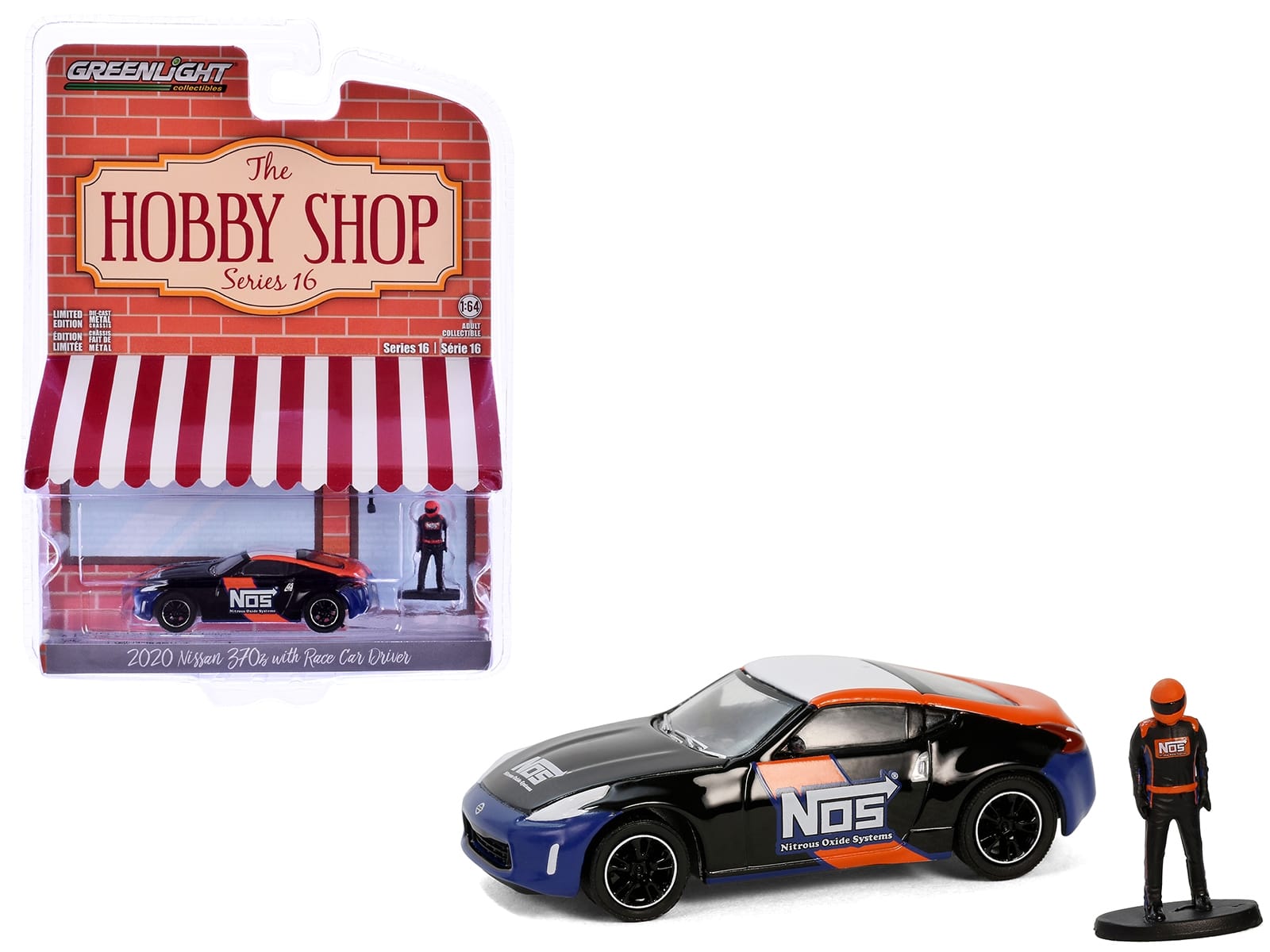 2020 Nissan 370z "NOS Nitrous Oxide Systems" Black with Graphics and Race Car Driver "The Hobby Shop" Series 16 1/64 Diecast Model Car by Greenlight - Image 2