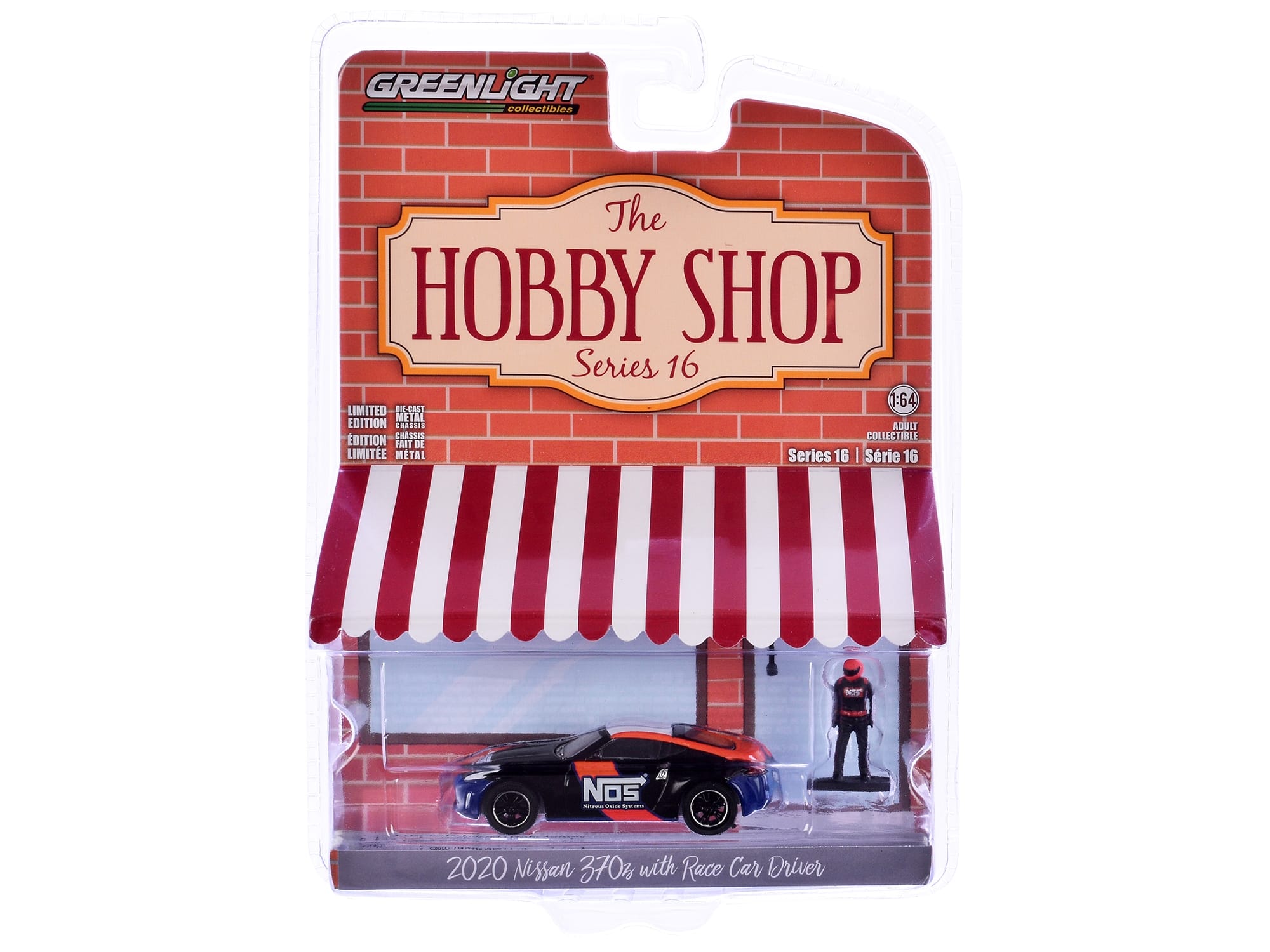 2020 Nissan 370z "NOS Nitrous Oxide Systems" Black with Graphics and Race Car Driver "The Hobby Shop" Series 16 1/64 Diecast Model Car by Greenlight - Image 3