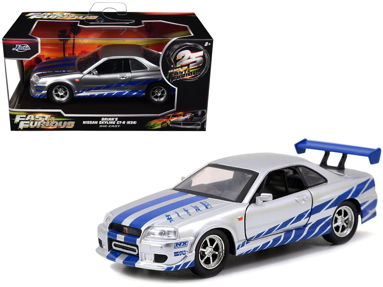 Brian's Nissan Skyline GT-R (R34) RHD (Right Hand Drive) Silver Metallic with Blue Stripes "2 Fast 2 Furious" (2003) Movie "Fast & Furious 25th Anniversary" Series 1/32 Diecast Car Model by Jada