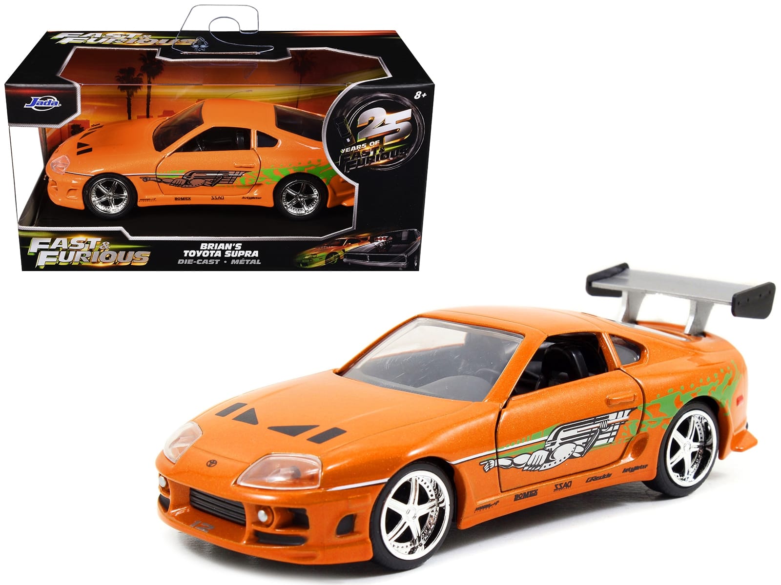 Brian's Toyota Supra Orange with Graphics "The Fast and the Furious" (2001) Movie "Fast & Furious 25th Anniversary" Series 1/32 Diecast Car Model by Jada