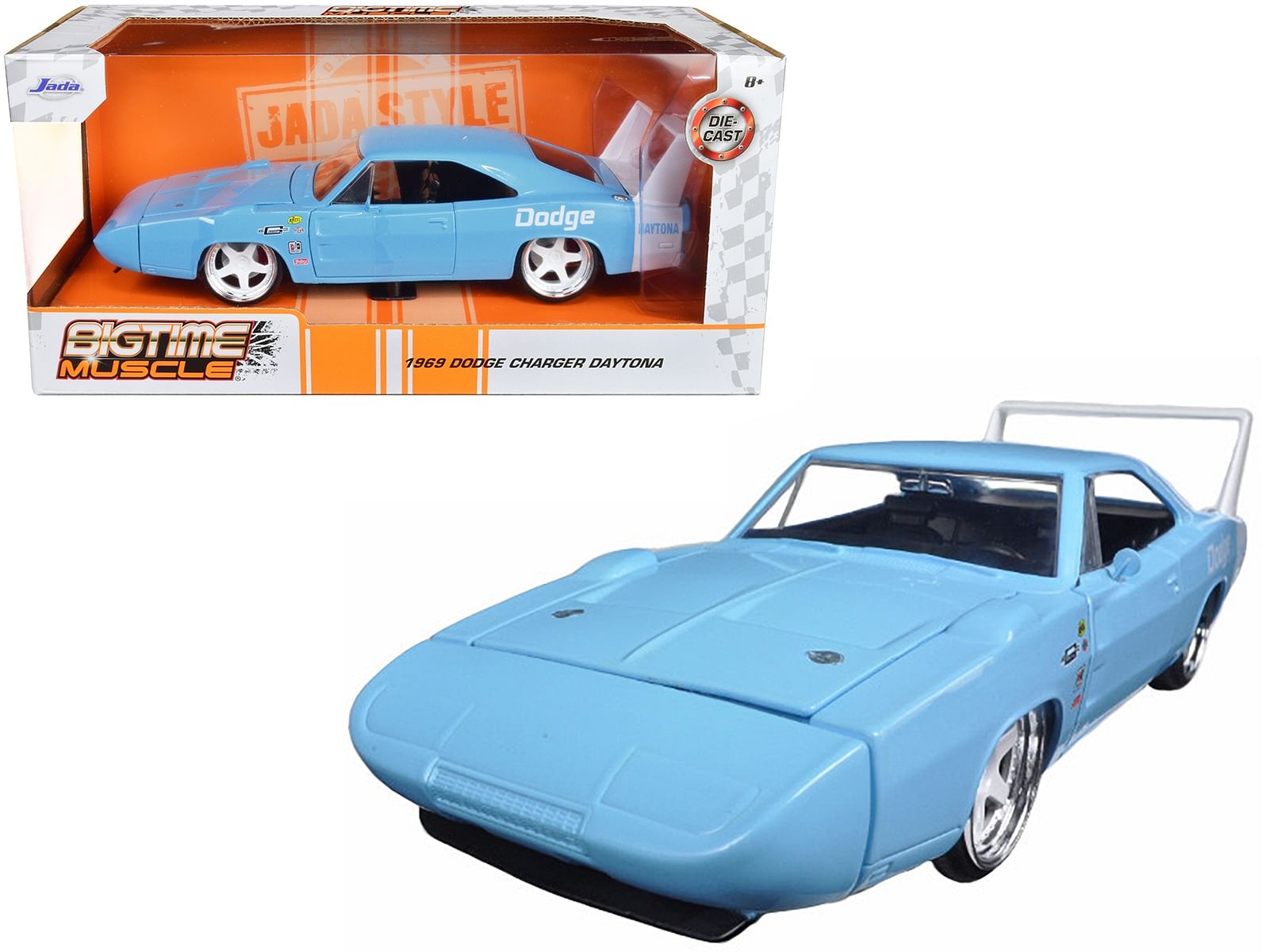 1969 Dodge Charger Daytona Light Blue with White “Bigtime Muscle” Series 1/24 Diecast Model Car by Jada