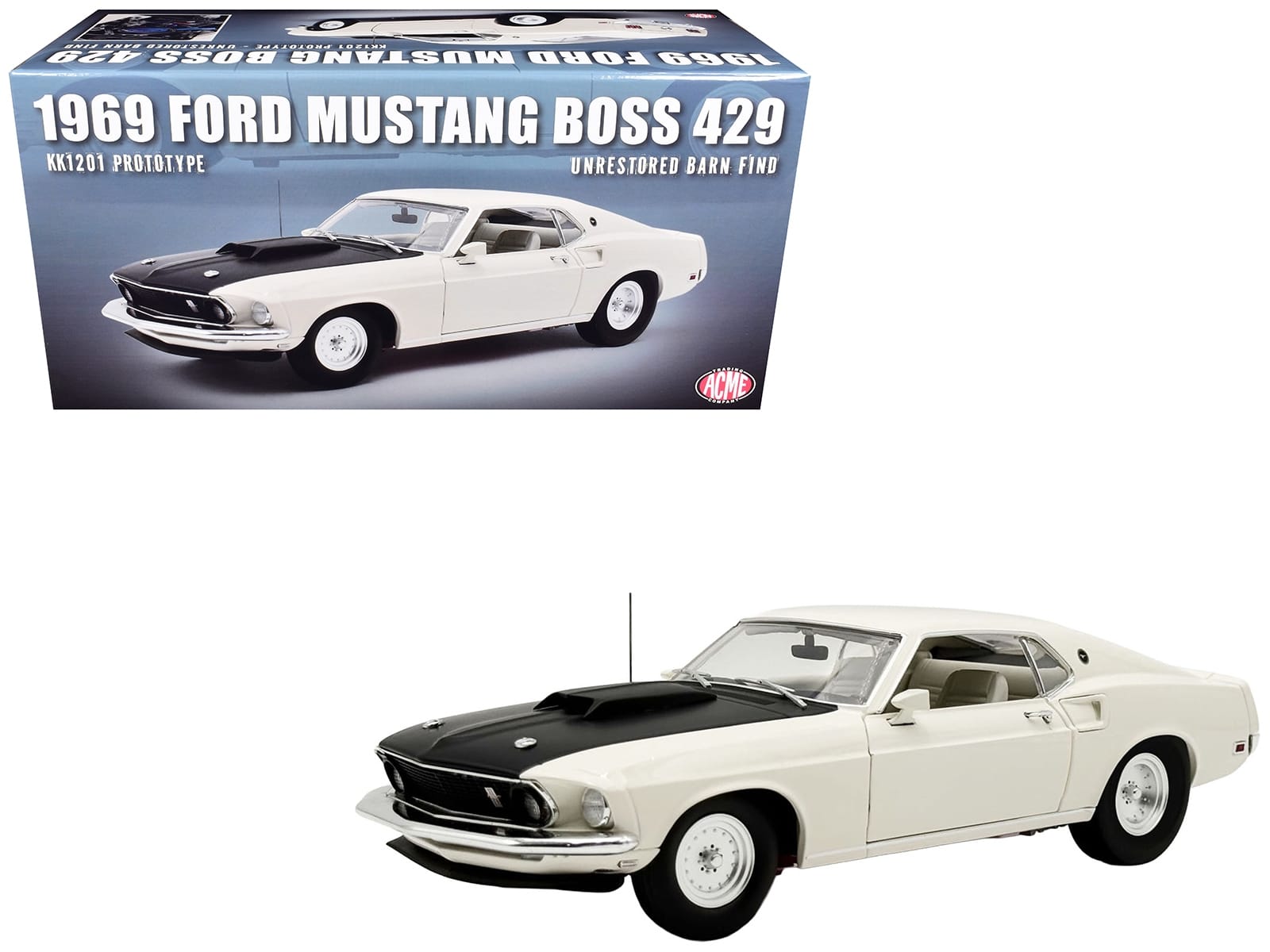 1969 Ford Mustang BOSS 429 "KK1201 Prototype - Unrestored Barn Find" White with Black Hood Limited Edition to 360 pieces Worldwide 1/18 Diecast Model Car by ACME