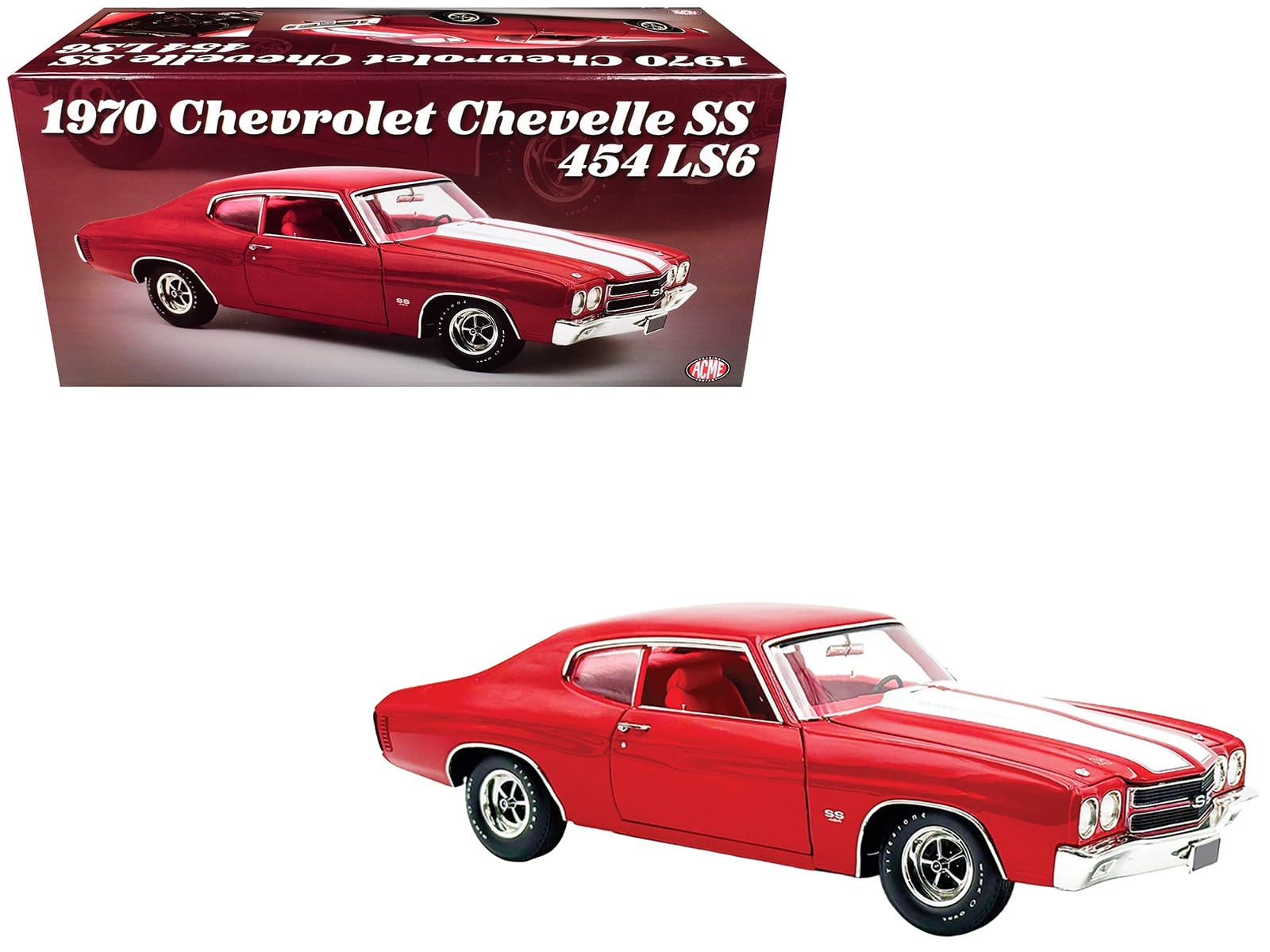 1970 Chevrolet Chevelle SS 454 LS6 Cranberry Red with White Stripes and Red Interior Limited Edition to 454 pieces Worldwide 1/18 Diecast Model Car by ACME