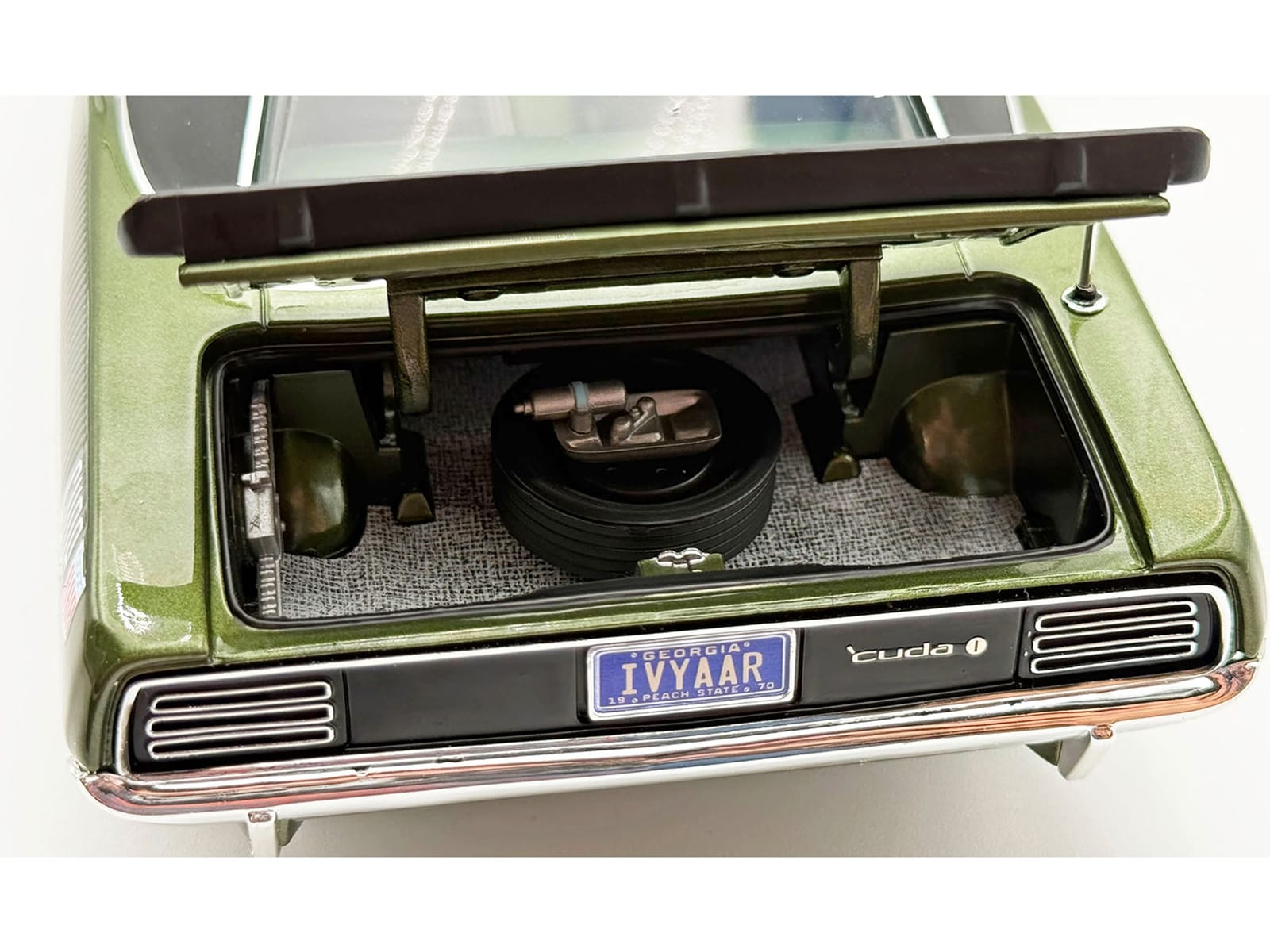 1970 Plymouth AAR Cuda Ivy Green Metallic with Black Stripes and Black Vinyl Top with Green Interior Limited Edition to 448 pieces Worldwide 1/18 Diecast Model Car by ACME - Image 4