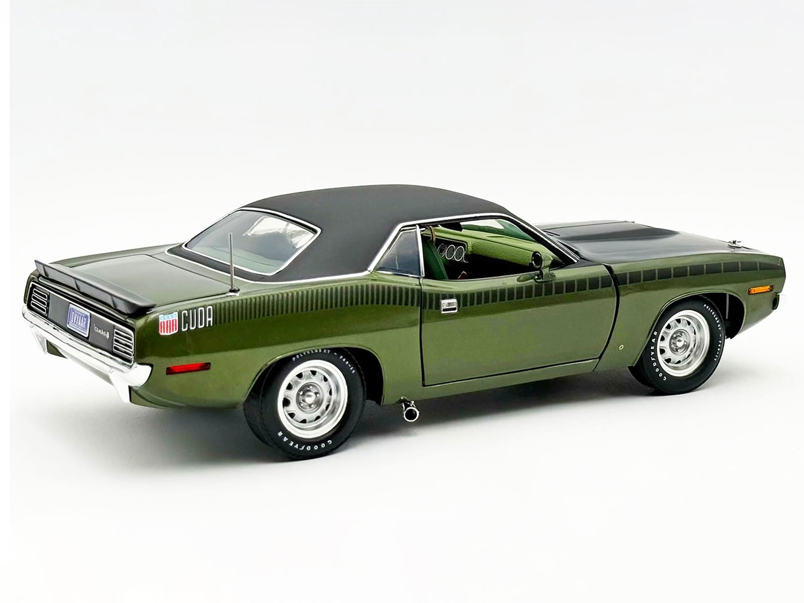 1970 Plymouth AAR Cuda Ivy Green Metallic with Black Stripes and Black Vinyl Top with Green Interior Limited Edition to 448 pieces Worldwide 1/18 Diecast Model Car by ACME - Image 5
