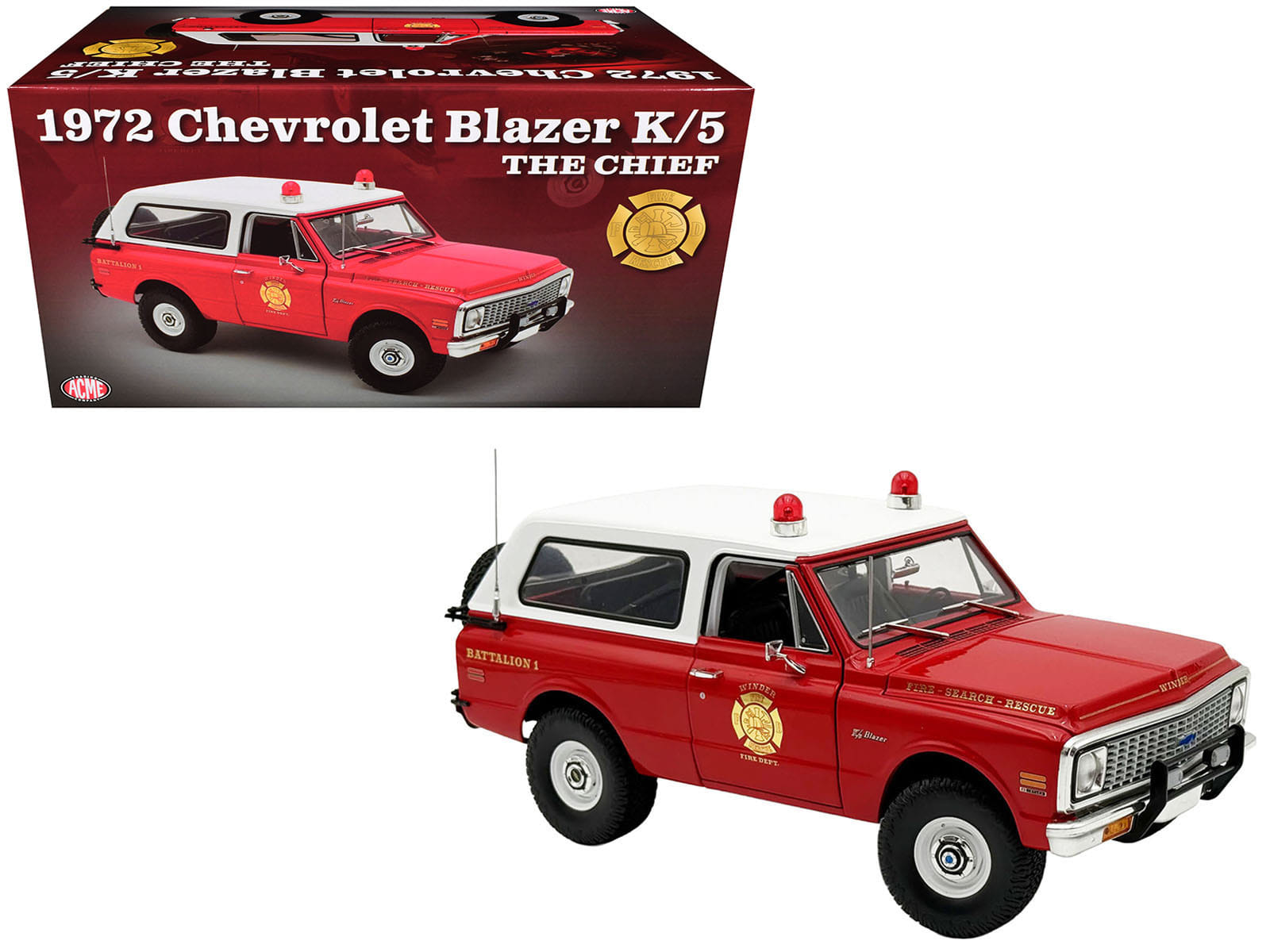 1972 Chevrolet Blazer K/5 "The Chief - Winder Fire Department Georgia Battalion 1" Red with White Top Limited Edition to 246 pieces Worldwide 1/18 Diecast Model Car by ACME