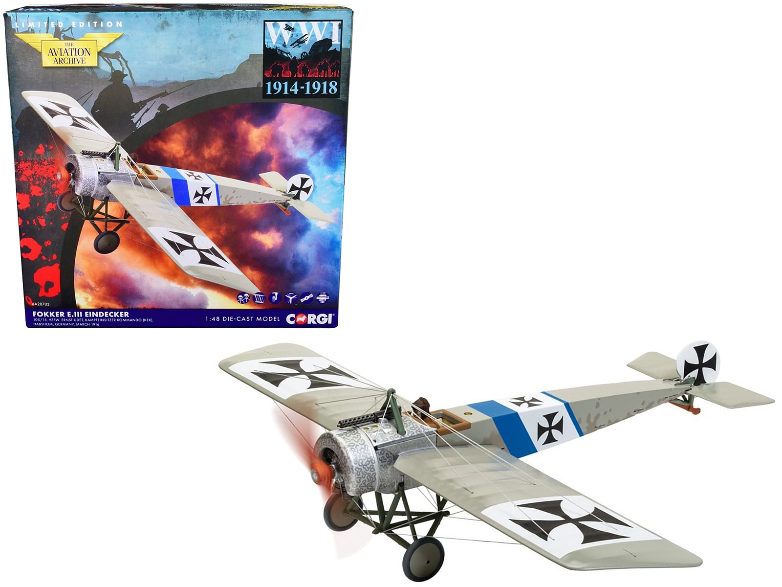 Fokker E.III Eindecker Fighter Aircraft “Vzfw. Ernst Udet Kampfeinsitzer Kommando Germany” (March 1916) “The Aviation Archive” Series 1/48 Diecast Model by Corgi