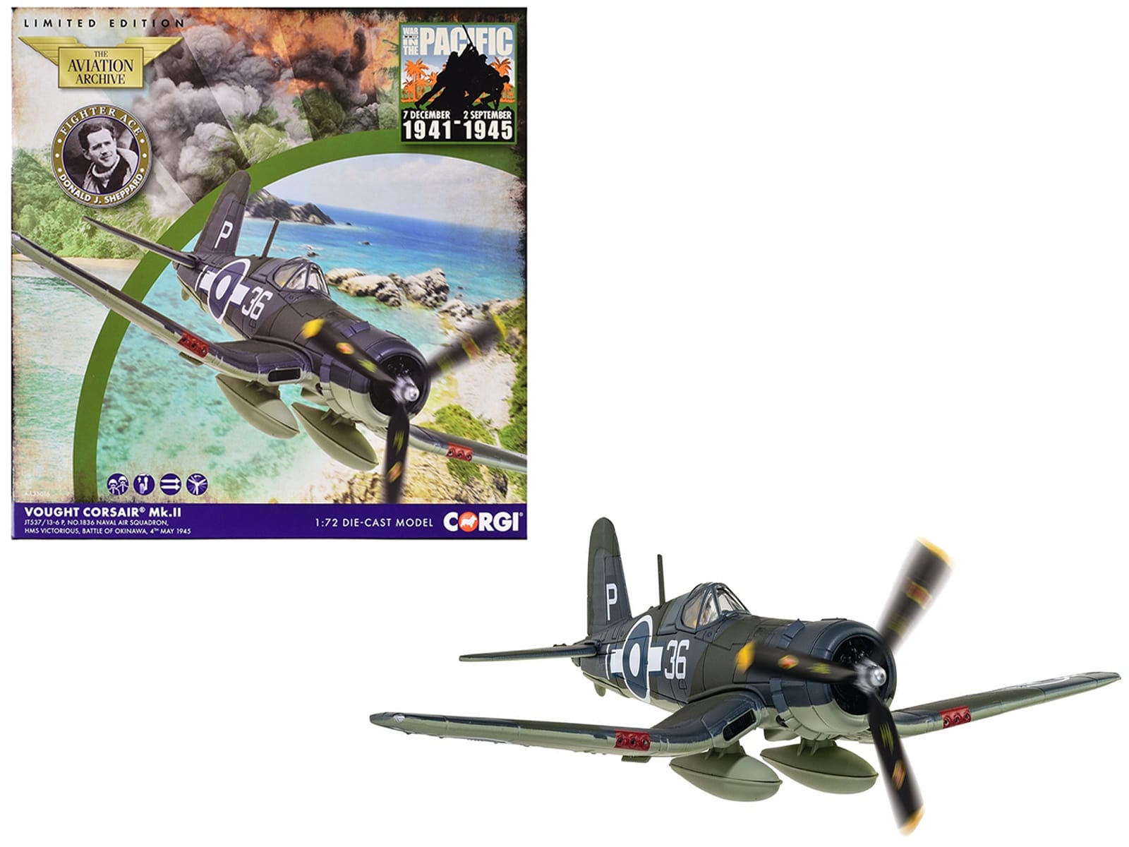 Vought Corsair Mk. II Fighter Aircraft "JT537 1836 Naval Air Squadron HMS Victorious Battle of Okinawa" (1945) British Royal Navy Fleet Air Arm "The Aviation Archive" Series 1/72 Diecast Model by Corgi - Image 2