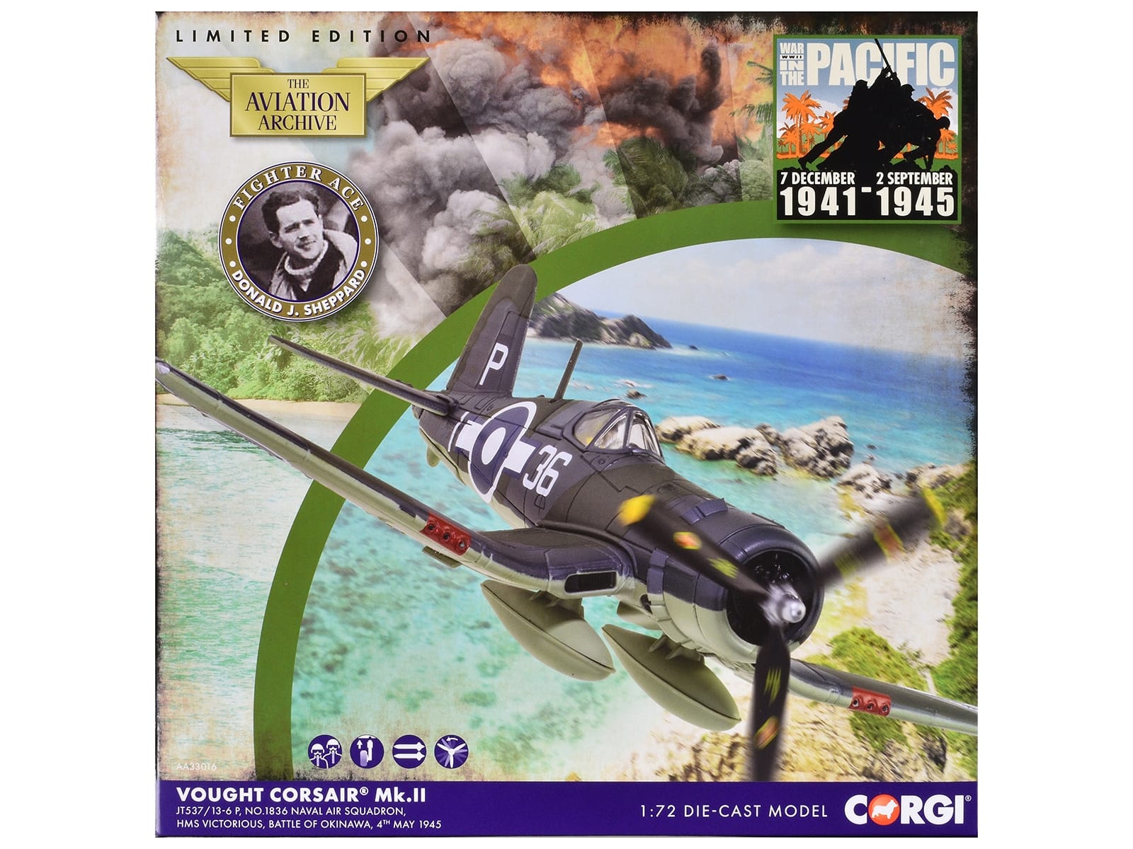 Vought Corsair Mk. II Fighter Aircraft "JT537 1836 Naval Air Squadron HMS Victorious Battle of Okinawa" (1945) British Royal Navy Fleet Air Arm "The Aviation Archive" Series 1/72 Diecast Model by Corgi - Image 3