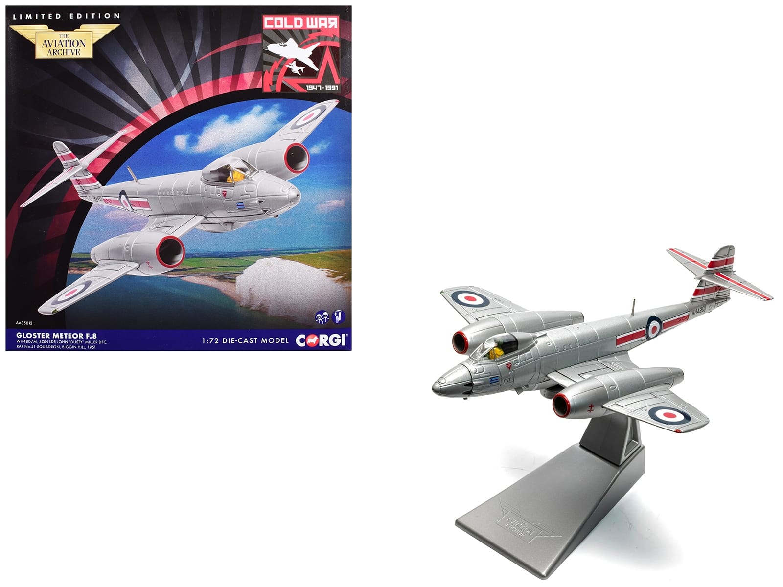 Gloster Meteor F.8 Aircraft "WH480/M Sqn Ldr John 'Dusty' Miller DFC No.41 Squadron Biggin Hill" (1951) Royal Air Force "The Aviation Archive" Series 1/72 Diecast Model Car by Corgi