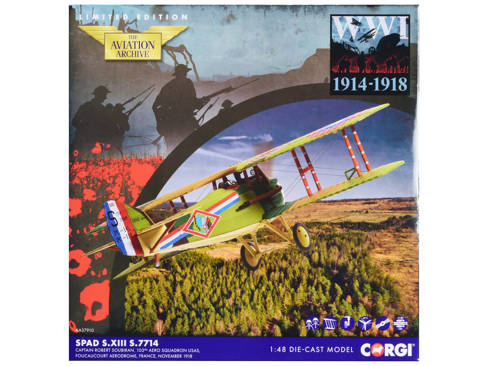 SPAD S.XIII Aircraft "Captain Robert Soubiran 103rd Aero Squadron USAS Foucaucourt Aerodrome France" (1918) United States Army Air Service "The Aviation Archive" Series 1/48 Diecast Model by Corgi - Image 2