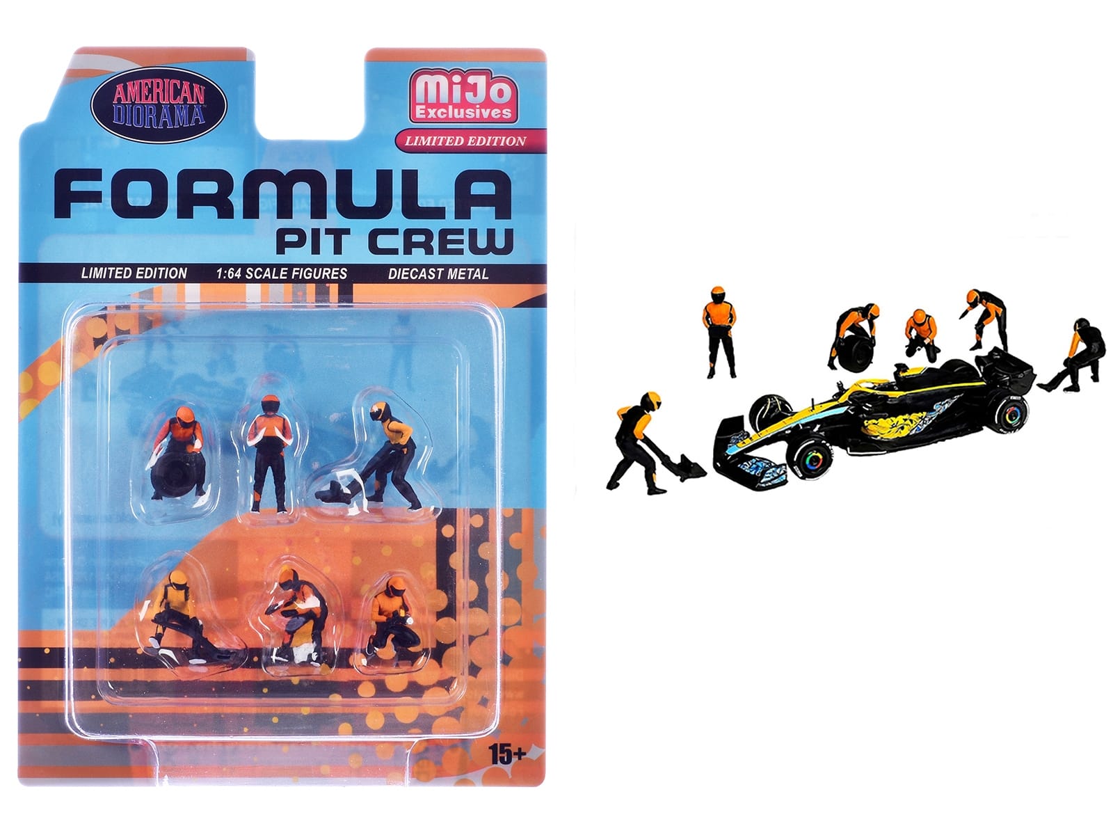 "Formula Pit Crew - Team Orange" 6 piece Diecast Figure Set (6 Figures) Limited Edition for 1/64 Scale Models by American Diorama