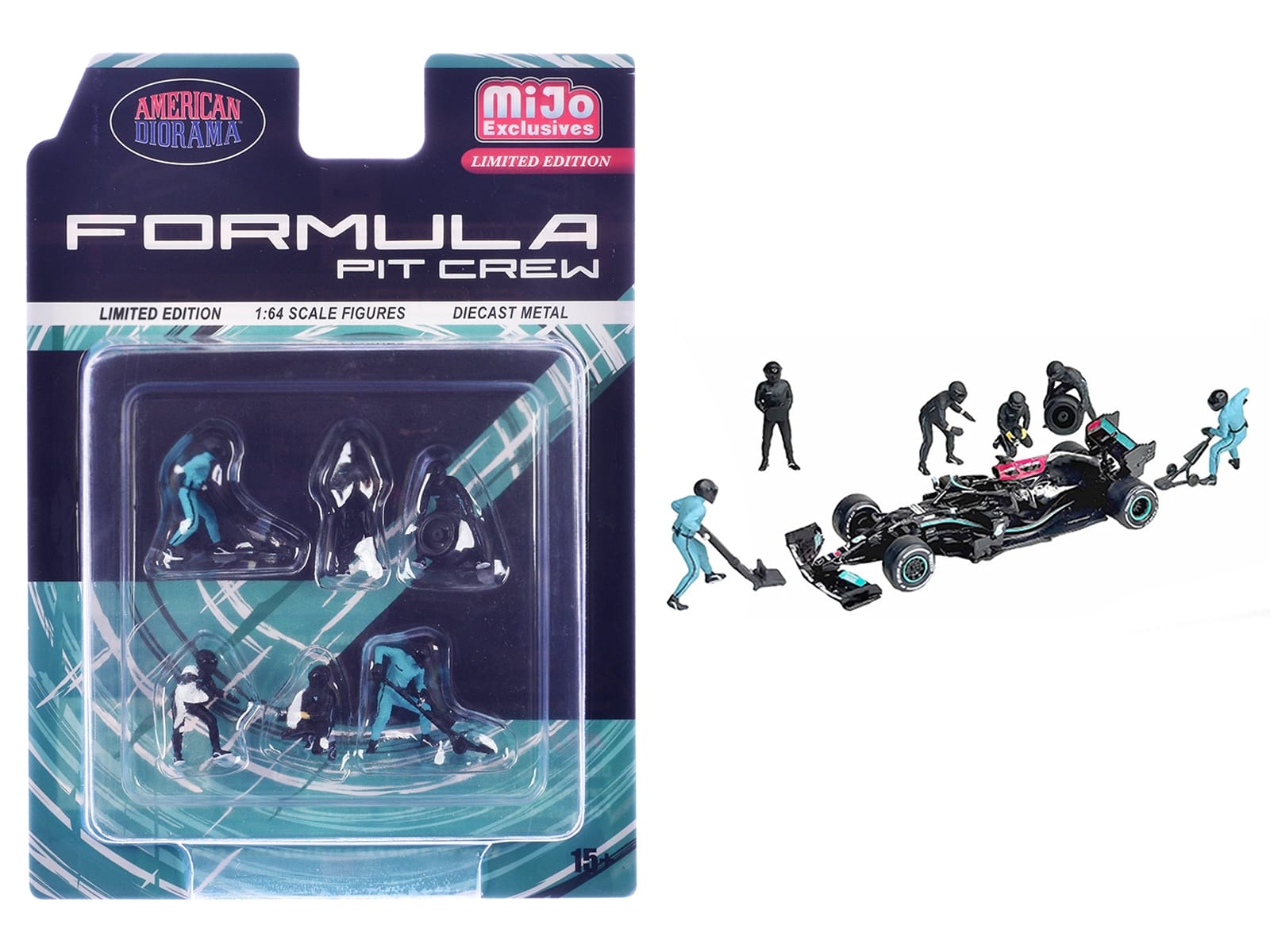 "Formula Pit Crew - Team Black" 6 piece Diecast Figure Set (6 Figures) Limited Edition for 1/64 Scale Models by American Diorama