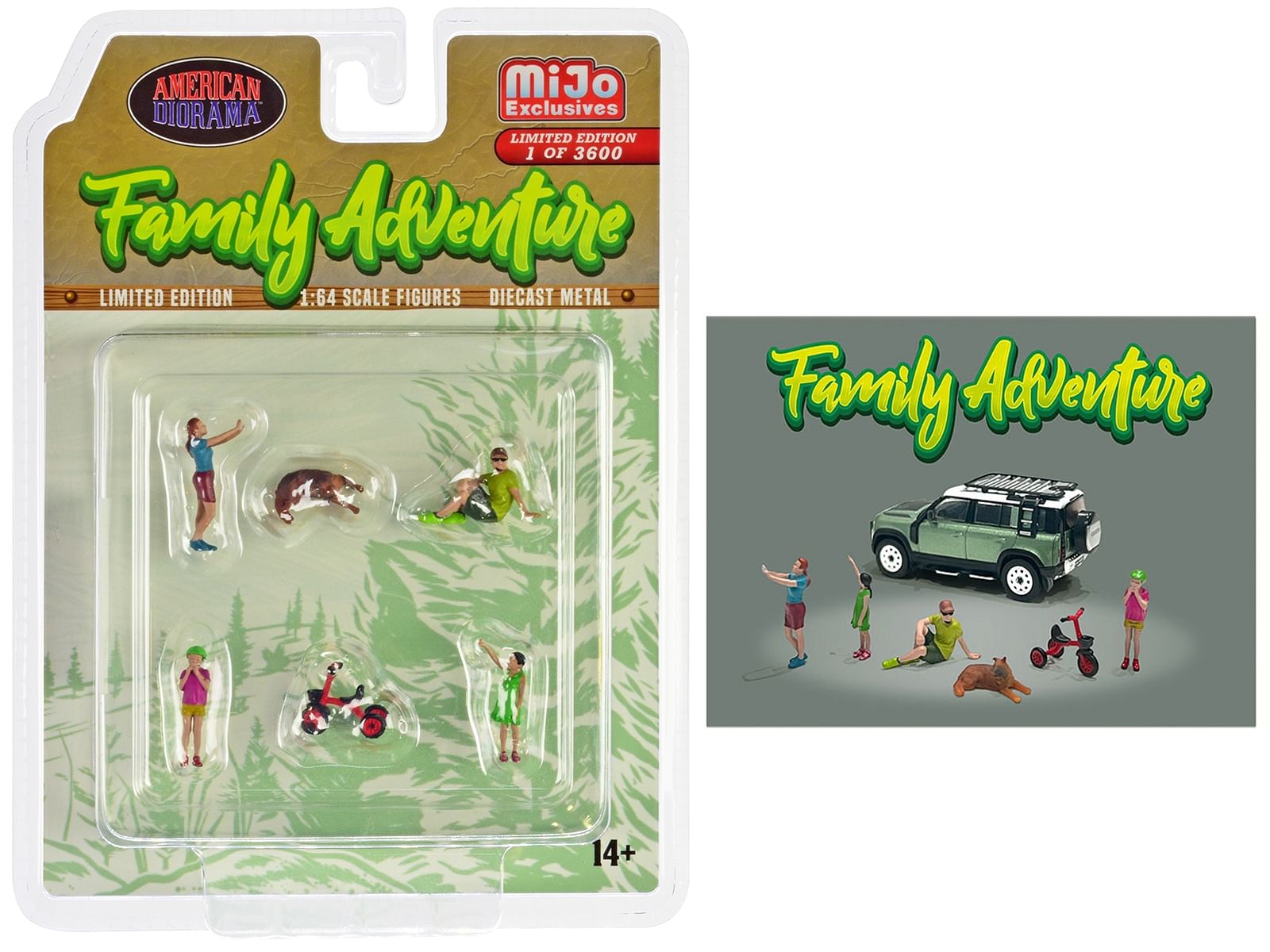 “Family Adventure” 6 piece Diecast Figure Set (4 Figures 1 Dog 1 Tricycle) Limited Edition to 3600 pieces Worldwide 1/64 Scale Models by American Diorama