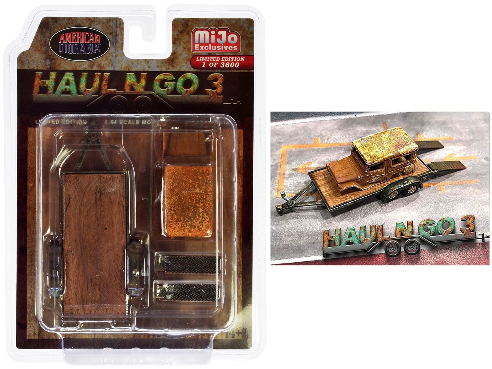 “Haul N Go 3” 6 piece Diecast Model Set (1 Flatbed Trailer 1 Abandoned Car 2 Ramps) Limited Edition to 3600 pieces Worldwide for 1/64 scale models by American Diorama