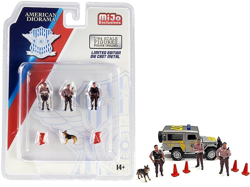 “Police” 8 piece Diecast Set (3 Figurines and 1 Dog and 4 Accessories) for 1/64 Scale Models by American Diorama