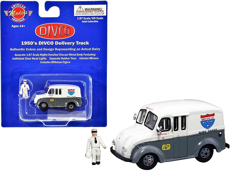 1950’s Divco Delivery Truck Gray and White “Melville Dairy Foods” with Milkman Figurine and Carrier 1/87 (HO) Scale Diecast Model by American Heritage Models