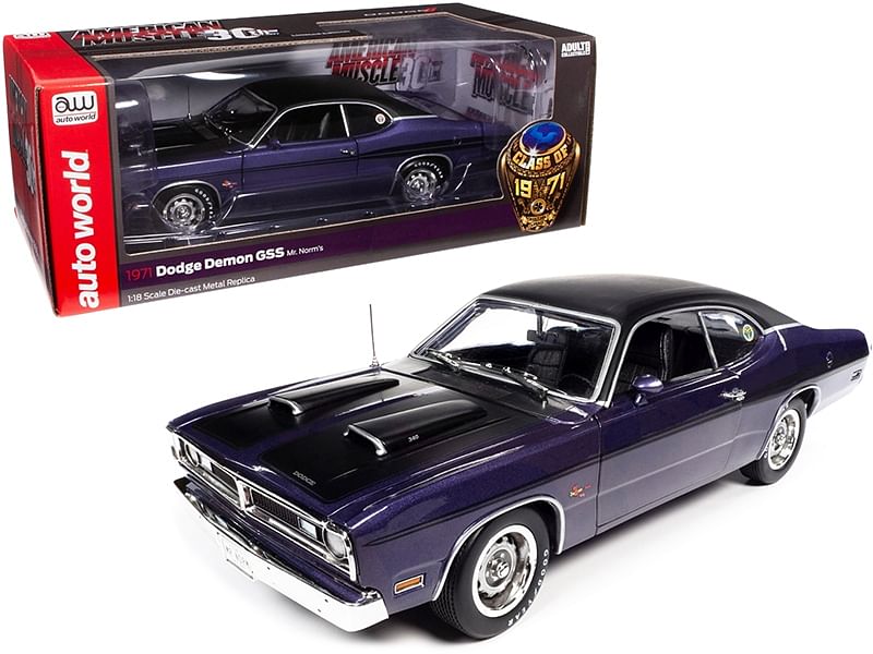 1971 Dodge Demon GSS Mr. Norm’s Plum Crazy Metallic with Black Vinyl Top and Black Stripes “Class of 1971” “American Muscle 30th Anniversary” (1991-2021) 1/18 Diecast Model Car by Autowo