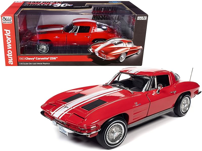 1963 Chevrolet Corvette Stingray Z06 Riverside Red with White Stripes “American Muscle 30th Anniversary” 1/18 Diecast Model Car by Autoworld