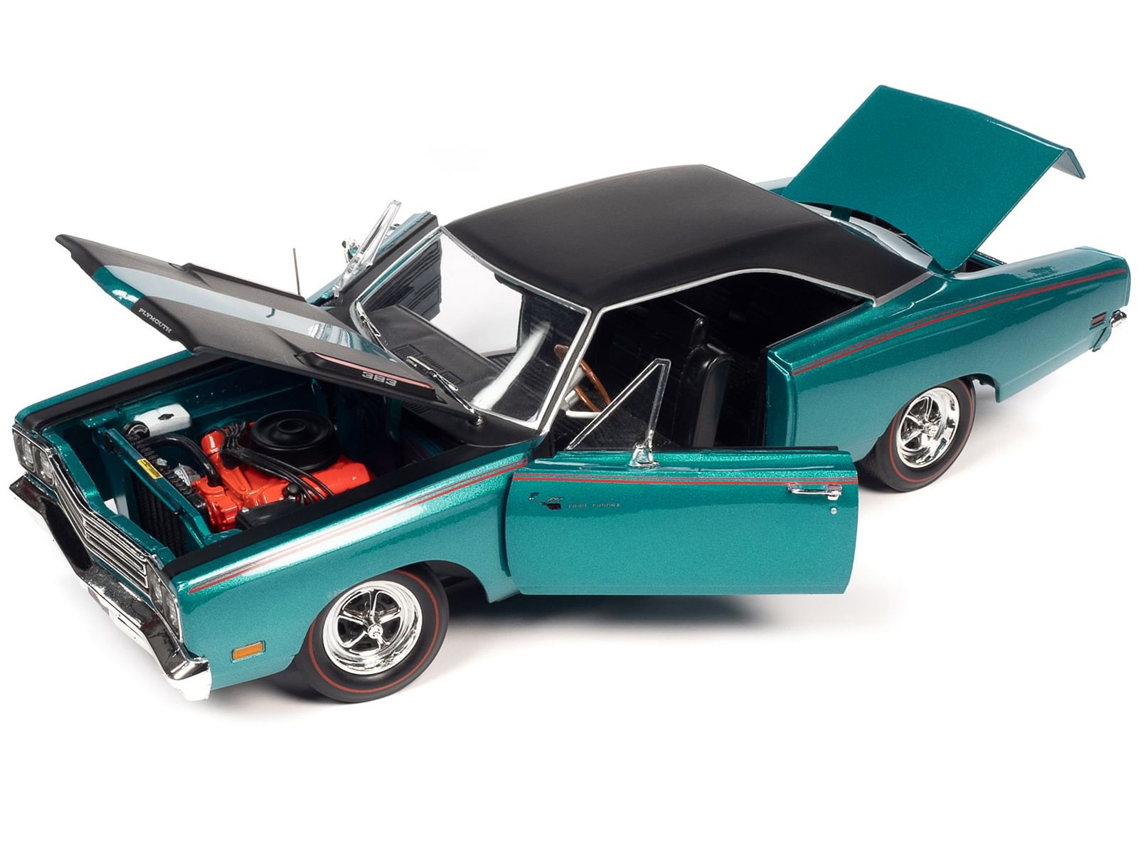 1969 Plymouth Road Runner Seafoam Turquoise Metallic with Black Top and Red Stripes “Muscle Car & Corvette Nationals” (MCACN) 1/18 Diecast Model Car by Auto World