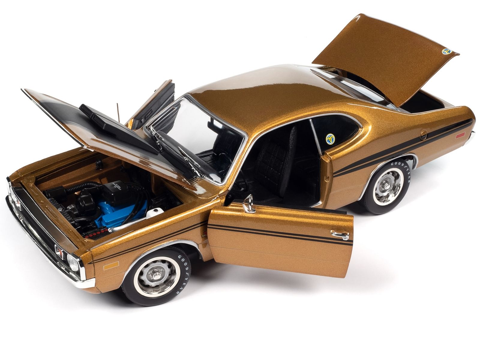 Mr Norm’s 1972 Dodge Demon GSS SuperCharged Gold Metallic with Black Stripes and Hood “American Muscle” Series 1/18 Diecast Model Car by Auto World