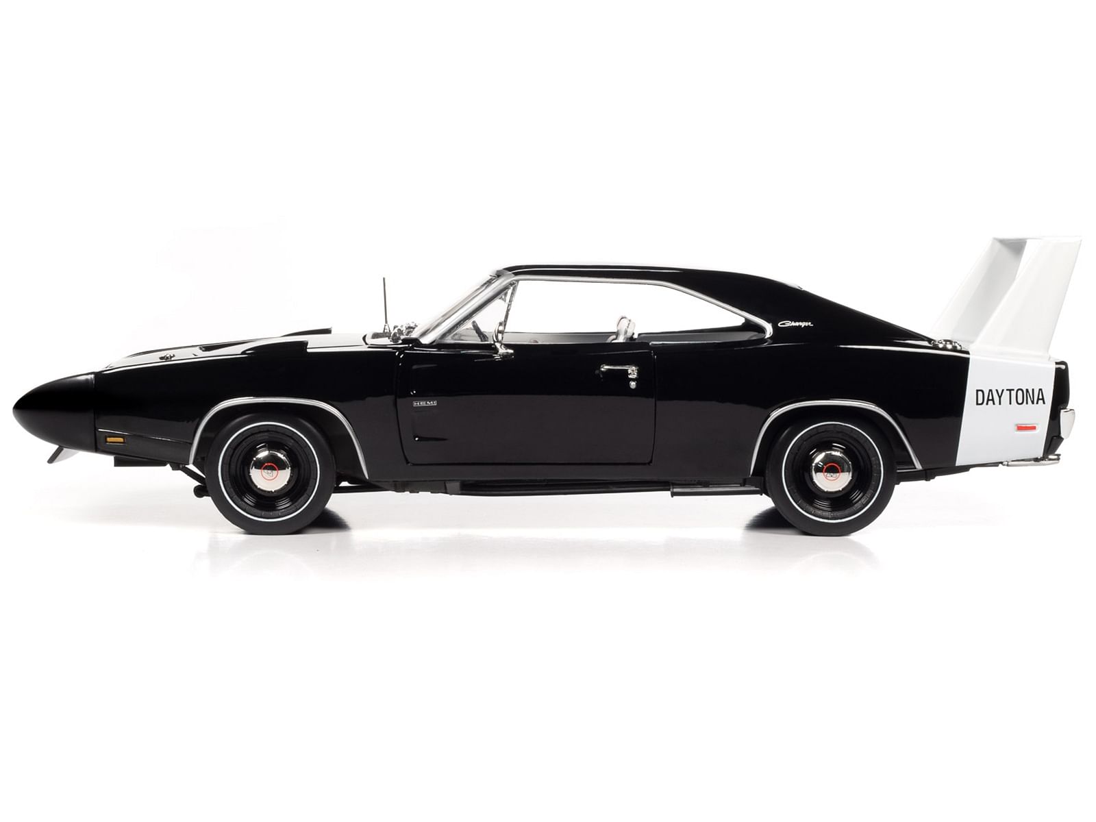 1969 Dodge Charger Daytona X9 Black with White Interior and Tail Stripe “American Muscle” Series 1/18 Diecast Model Car by Auto World