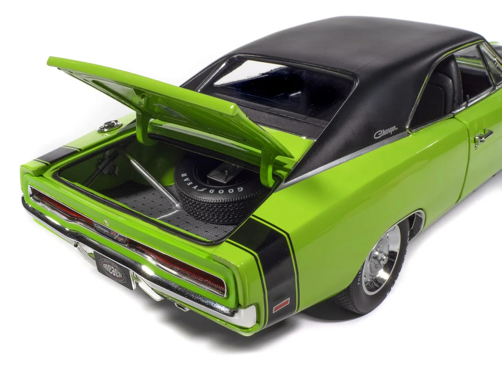 1970 Dodge Charger R/T "Muscle Car & Corvette Nationals" (MCACN) Sublime Green with Black Stripes and Black Vinyl Top "American Muscle" Series 1/18 Diecast Model Car by Auto World - Image 5