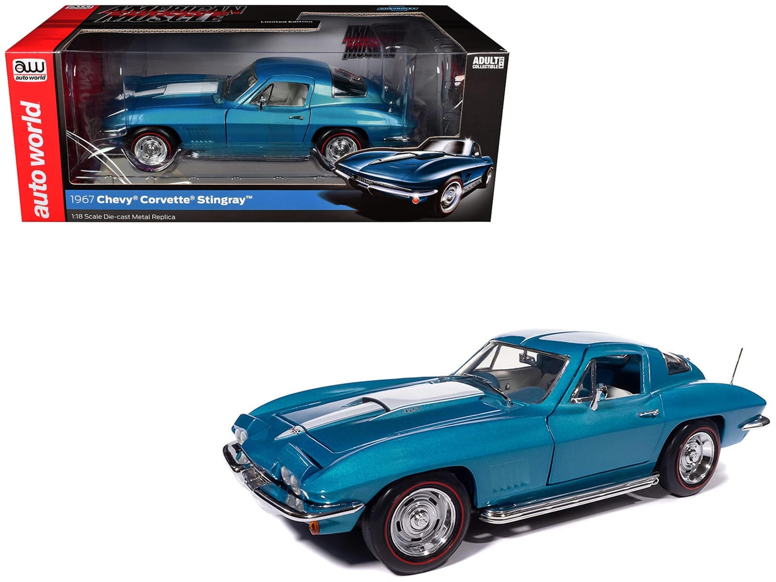1967 Chevrolet Corvette Stingray Light Blue Metallic with White Hood Stripe "American Muscle" Series 1/18 Diecast Model Car by Auto World