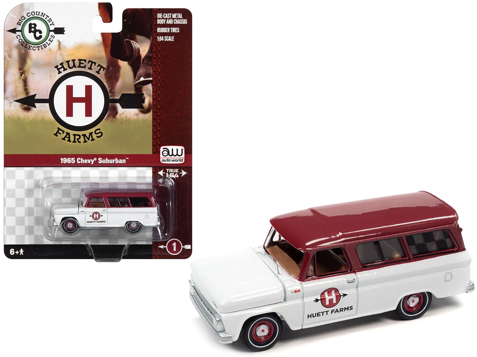 1965 Chevrolet Suburban White with Red Top “Huett Farms” “Big Country Collectibles” 2023 Release 1 1/64 Diecast Model Car by Auto World