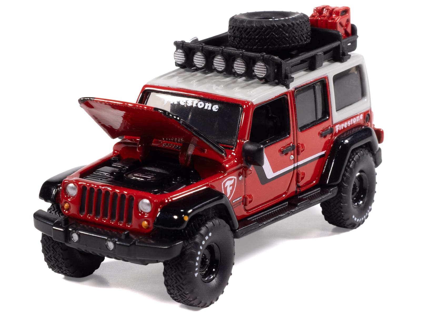 2018 Jeep Wrangler JK Unlimited Sport "Firestone Field Agent" Red with Graphics and Gray Top with Roof Rack "Big Country Collectibles" 2025 Series 1/64 Diecast Model Car by Auto World - Image 3