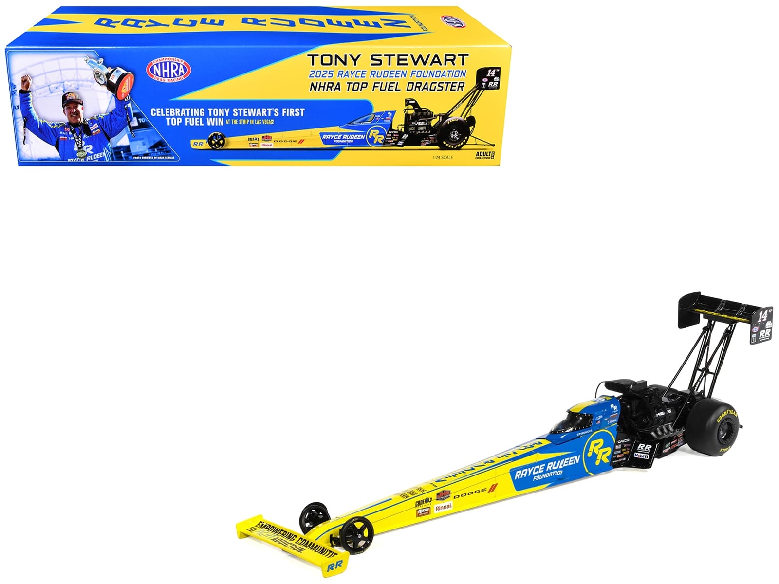 NHRA TFD (Top Fuel Dragster) #14TF Tony Stewart "Rayce Rudeen Foundation" Blue and Yellow (2025) 1/24 Diecast Model by Auto World