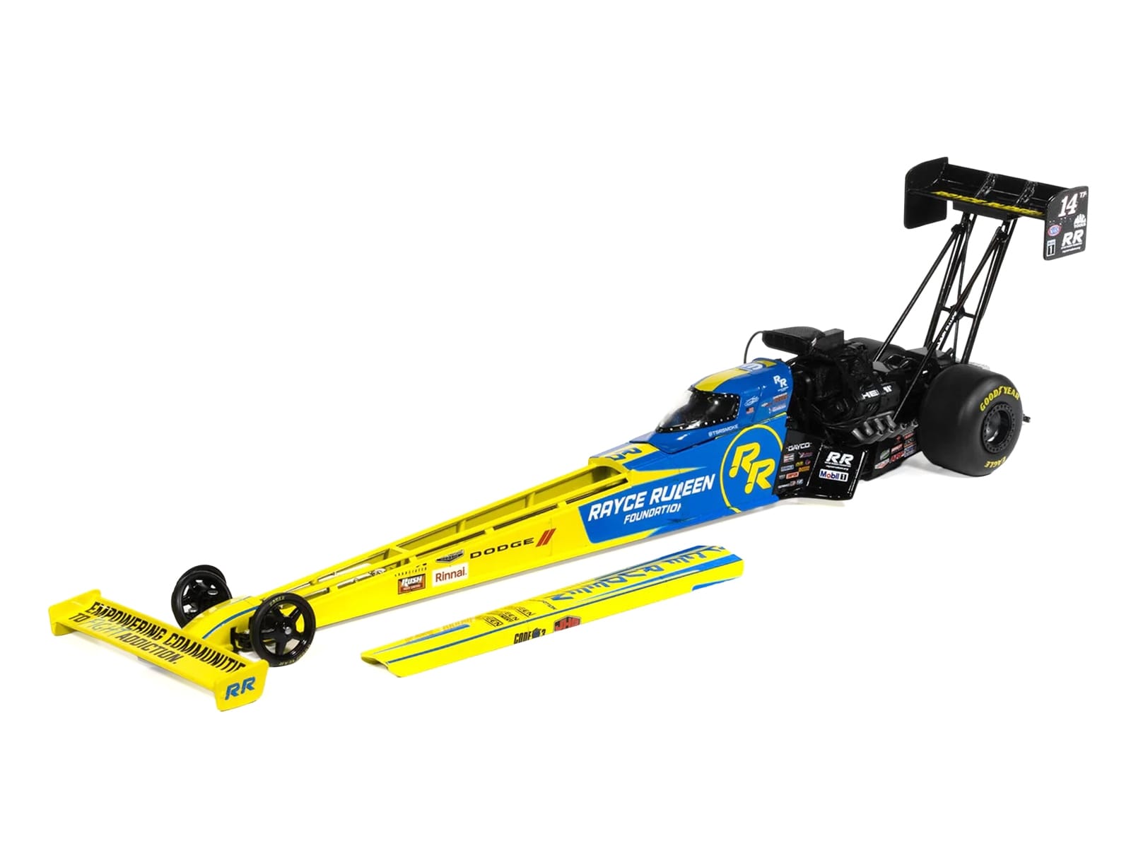 NHRA TFD (Top Fuel Dragster) #14TF Tony Stewart "Rayce Rudeen Foundation" Blue and Yellow (2025) 1/24 Diecast Model by Auto World - Image 2