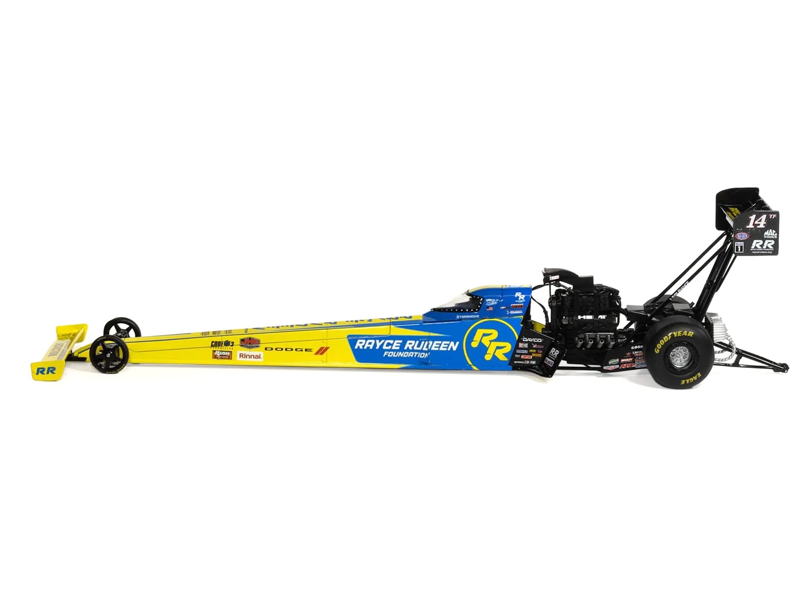 NHRA TFD (Top Fuel Dragster) #14TF Tony Stewart "Rayce Rudeen Foundation" Blue and Yellow (2025) 1/24 Diecast Model by Auto World - Image 3