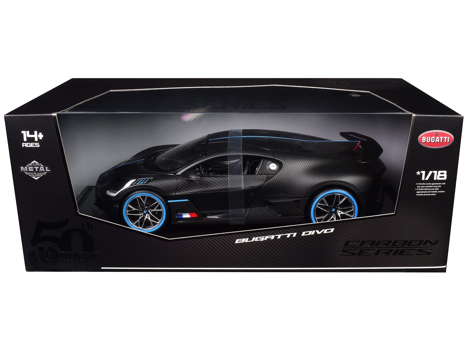 Bugatti Divo Carbon Fiber with Blue Accents "Carbon Series - Bburago 50th Anniversary" 1/18 Diecast Model Car by Bburago - Image 2