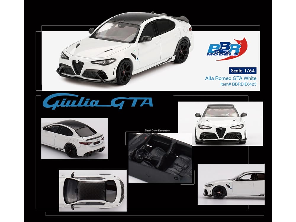 Alfa Romeo Giulia GTA White with Carbon Top 1/64 Diecast Model Car by BBR - Image 3