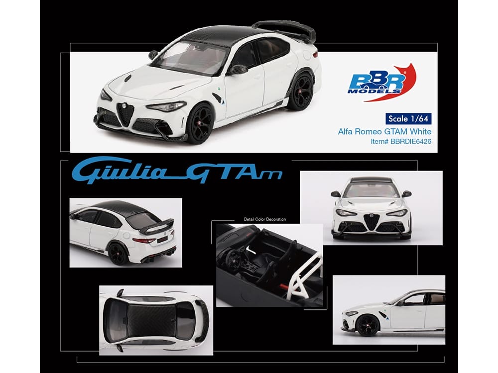 Alfa Romeo Giulia GTAm White with Carbon Top 1/64 Diecast Model Car by BBR - Image 3