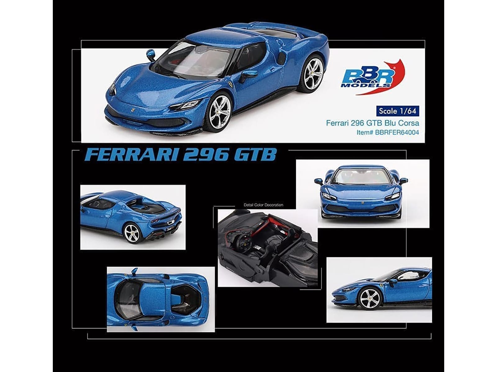 Ferrari 296 GTB Blue Corsa 1/64 Diecast Model Car by BBR - Image 3