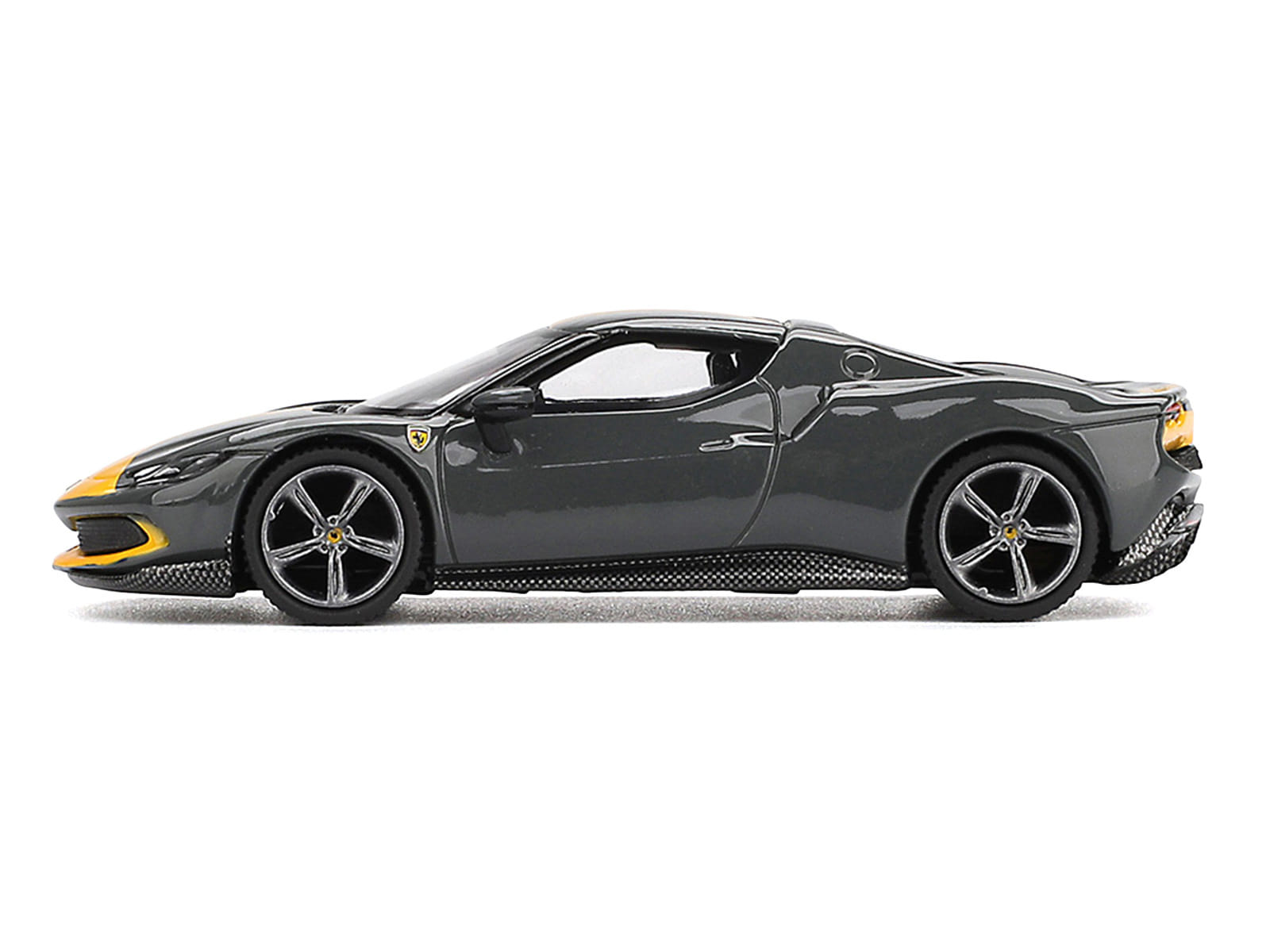 Ferrari 296 GTB Assetto Fiorano Grigio Scuro (Dark Gray) with Yellow Stripes 1/64 Diecast Model Car by BBR - Image 2