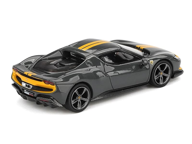 Ferrari 296 GTB Assetto Fiorano Grigio Scuro (Dark Gray) with Yellow Stripes 1/64 Diecast Model Car by BBR - Image 3