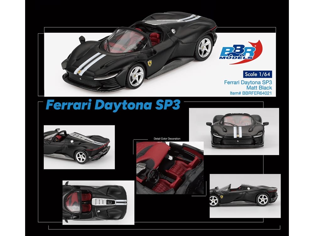 Ferrari Daytona SP3 Matt Black with White Stripes and Red Interior 1/64 Diecast Model Car by BBR - Image 4