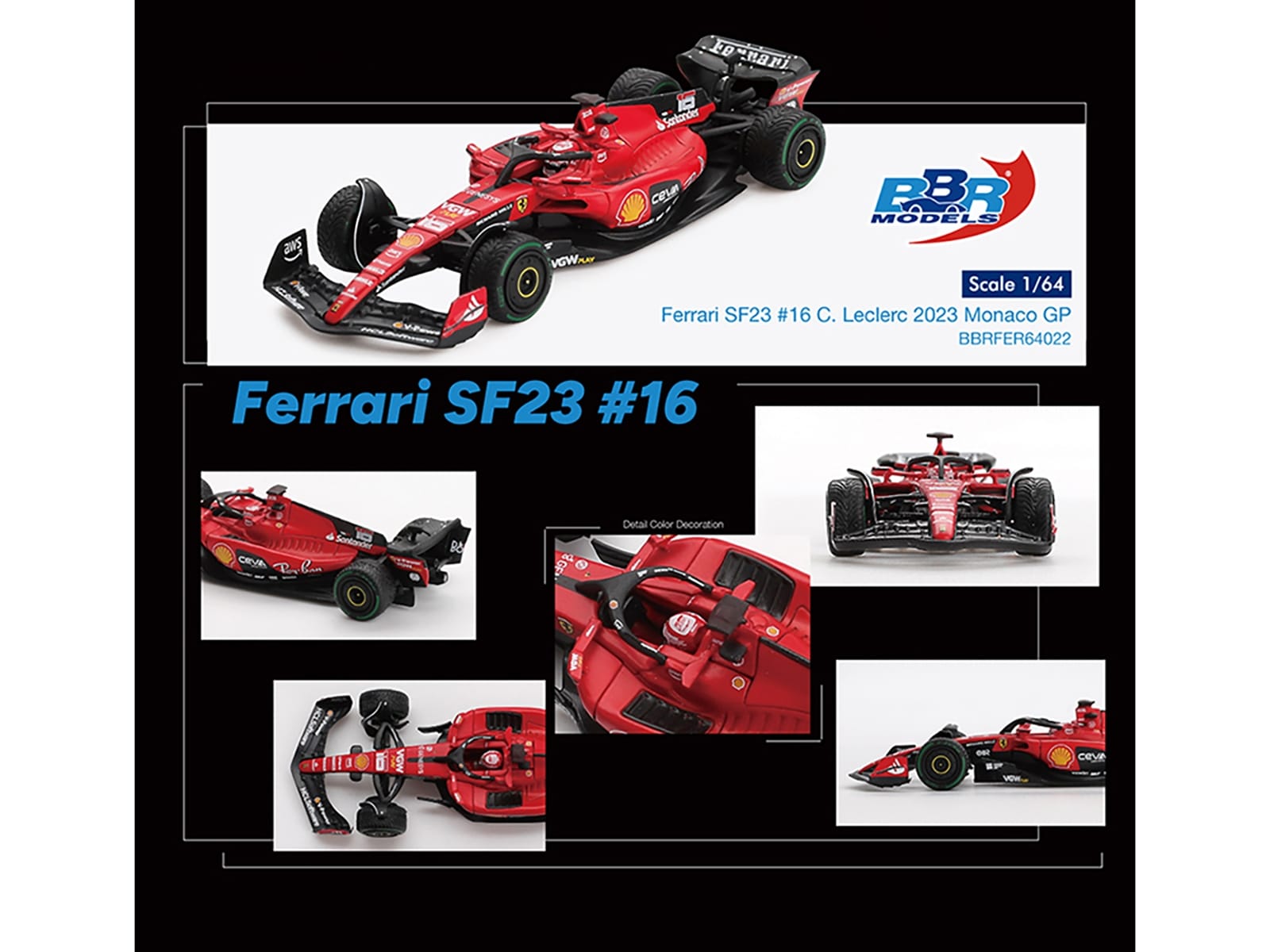 Ferrari SF-23 #16 Charles Leclerc Formula One F1 "Monaco GP" (2023) 1/64 Diecast Model Car by BBR Models - Image 3