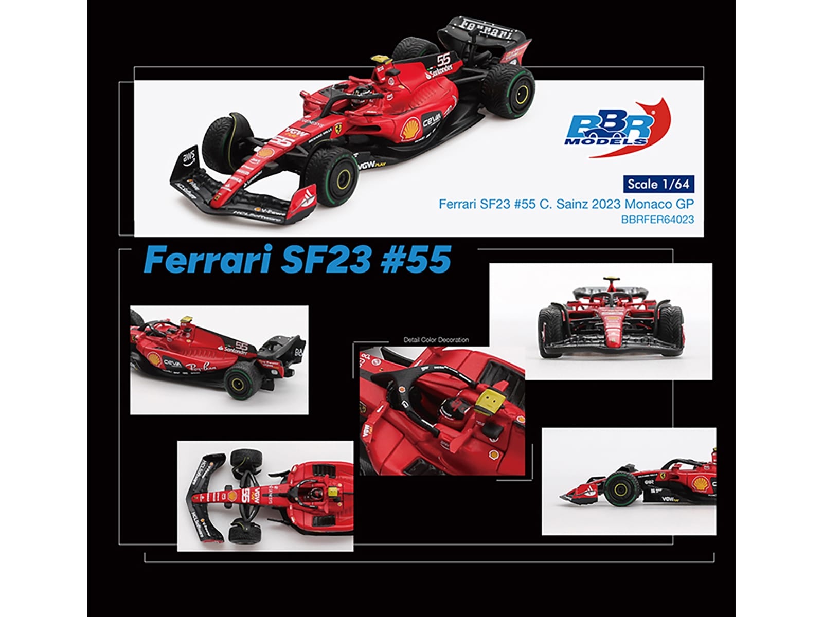 Ferrari SF-23 #55 Carlos Sainz Formula One F1 "Monaco GP" (2023) 1/64 Diecast Model Car by BBR Models - Image 3