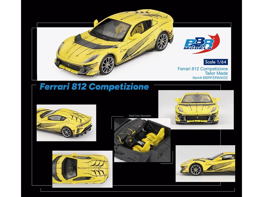 Ferrari 812 Competizione Matt Yellow with Graphics and Yellow Interior "Tailor Made" 1/64 Diecast Model Car by BBR - Image 4