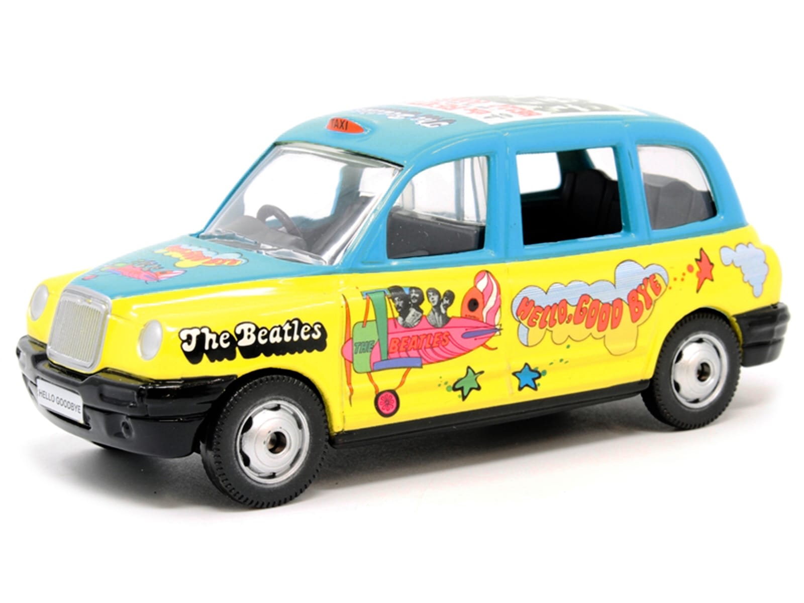 The Beatles London Taxi RHD (Right Hand Drive) "Hello Goodbye" Blue and Yellow with Graphics Diecast Model by Corgi - Image 2