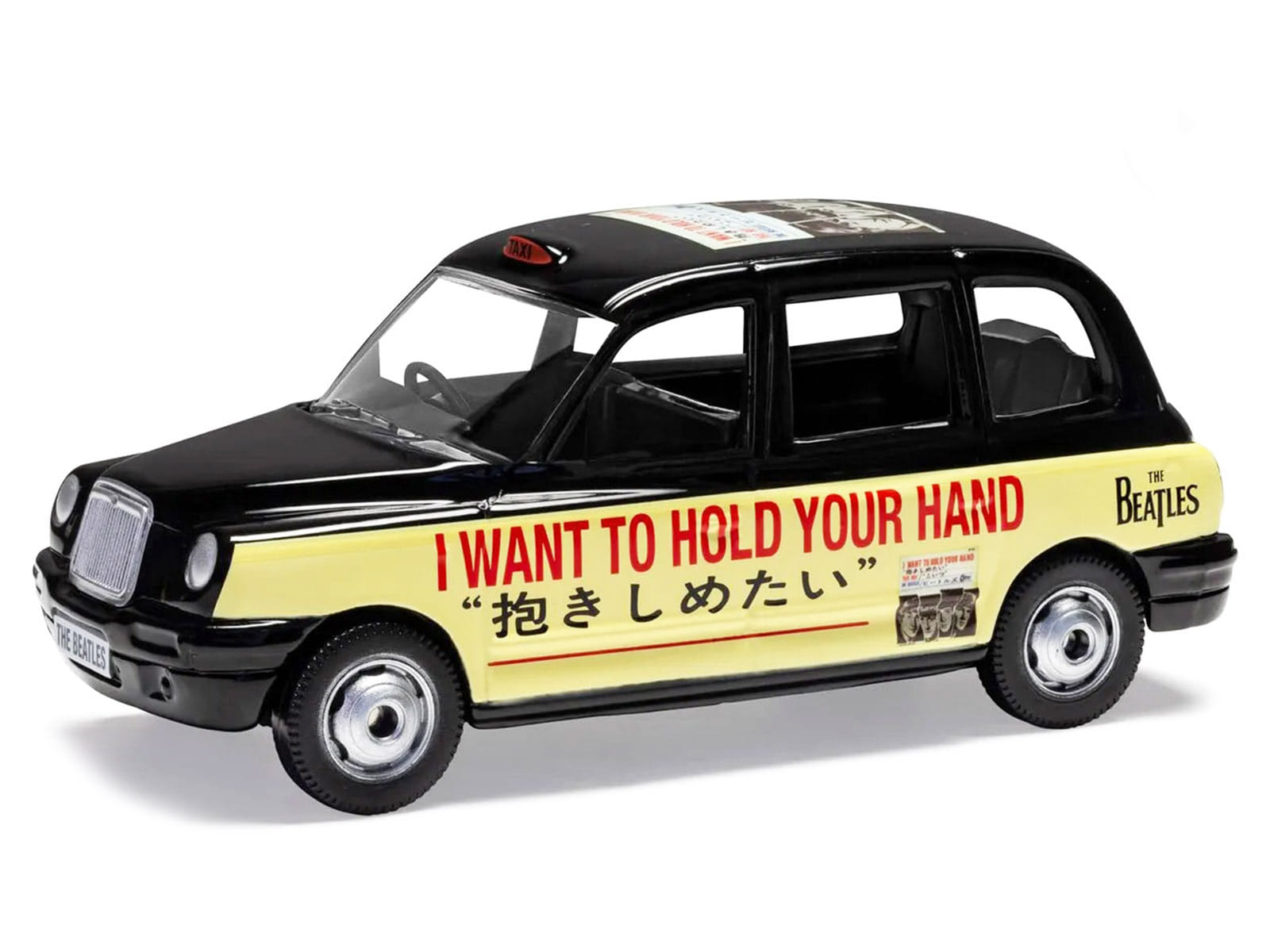 The Beatles London Taxi RHD (Right Hand Drive) "I Want To Hold Your Hand" Black and Cream with Graphics Diecast Model by Corgi - Image 2